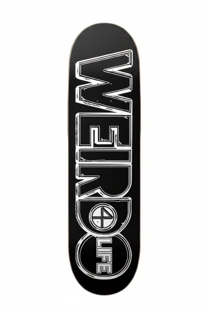 A skateboard deck shown vertically against a plain white background, featuring a black deck with a large white distressed graphic that reads 'Weirdo' in a circular vertical layout.