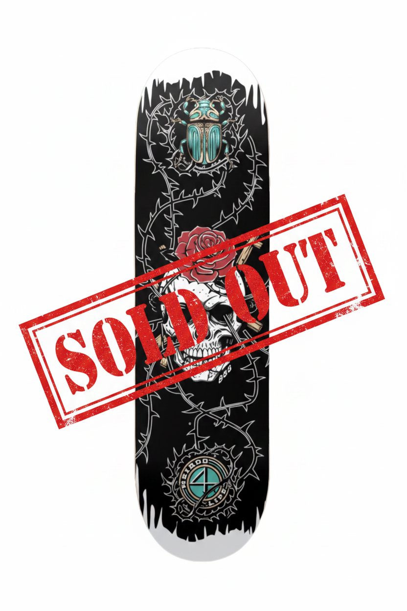 Black skateboard deck by Weirdo 4 Life featuring a skull, red rose and detailed artwork by artist 888