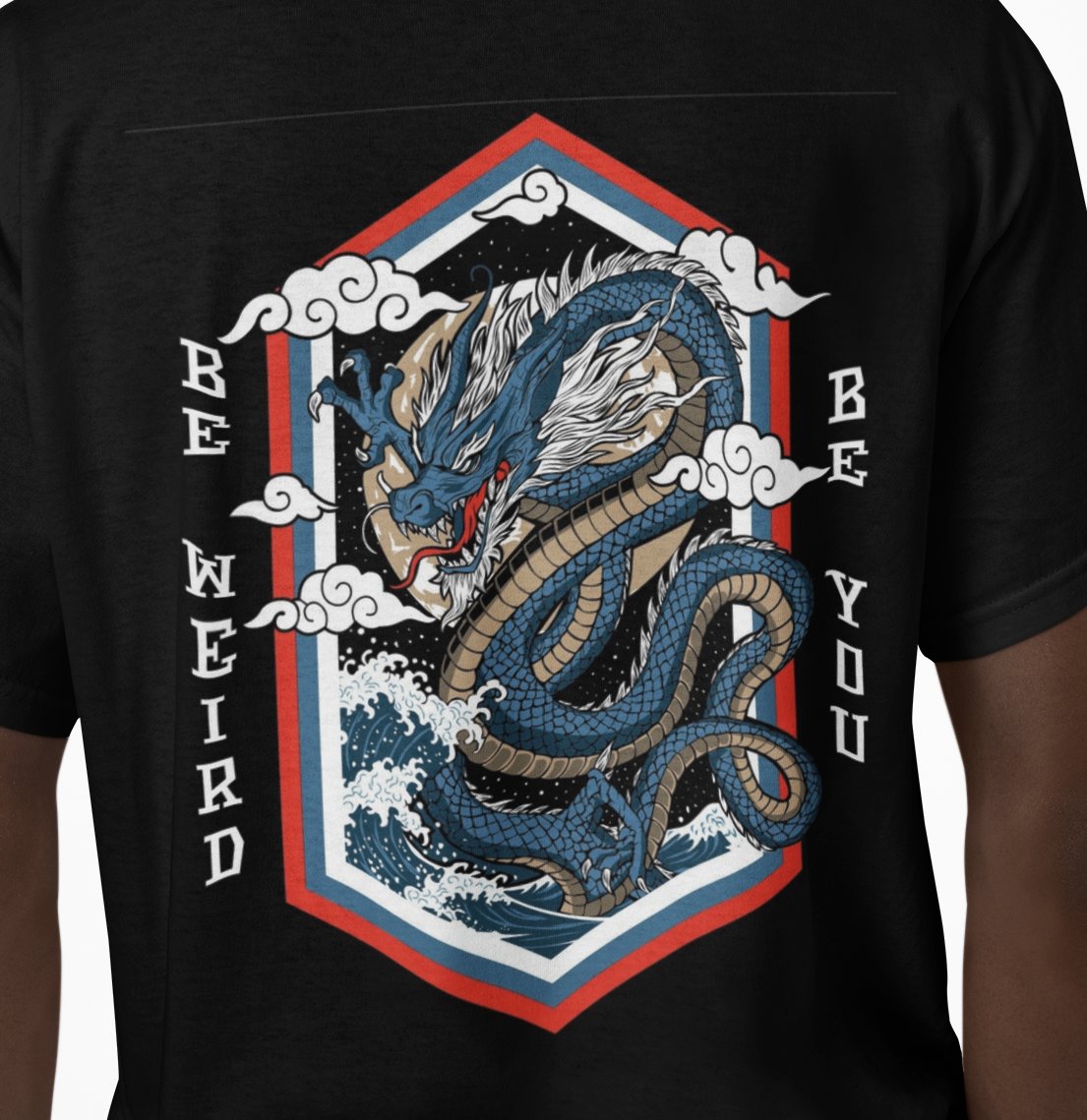 Close-up of water dragon and wave-inspired artwork on a Weirdo 4 Life T-shirt