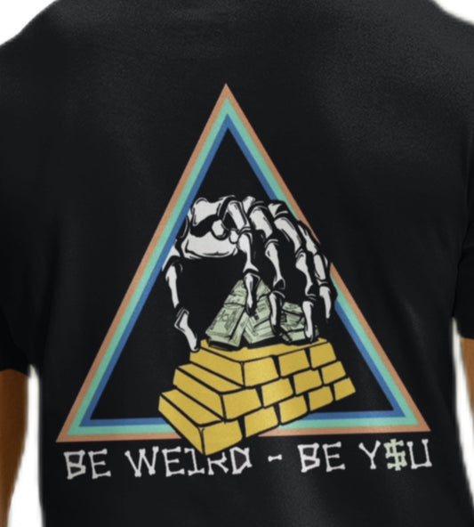 Close-up of wealth and greed-inspired artwork on a Weirdo 4 Life T-shirt