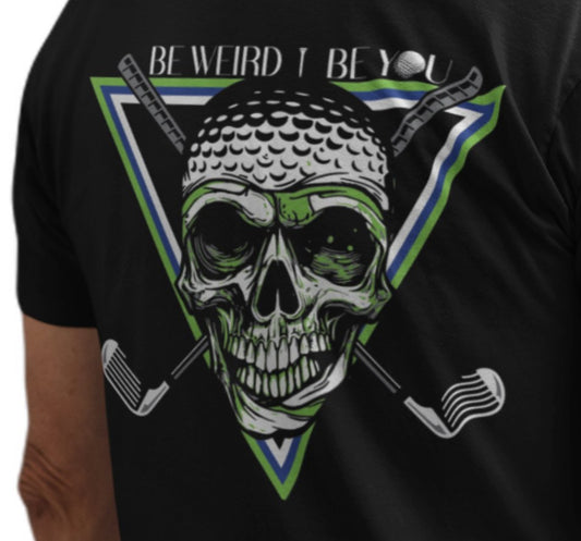 Close-up of skull and golf-inspired artwork on a Weirdo 4 Life T-shirt
