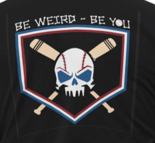 Close-up of skull and crossed baseball bat artwork on a Weirdo 4 Life T-shirt