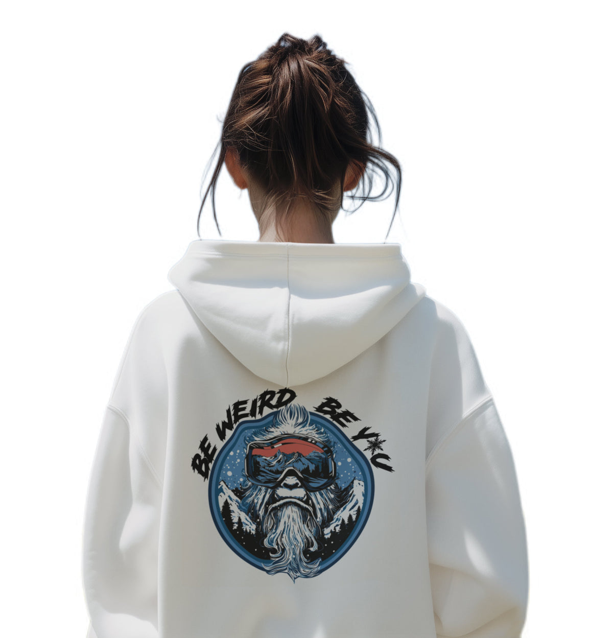 Model wearing the white Abominable Snowman graphic hoodie by Weirdo 4 Life