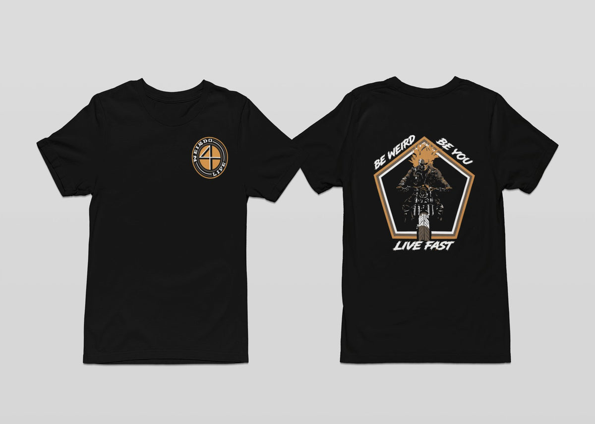 Front and back of the Ghost Rider Motorcycle graphic T-shirt by Weirdo 4 Life