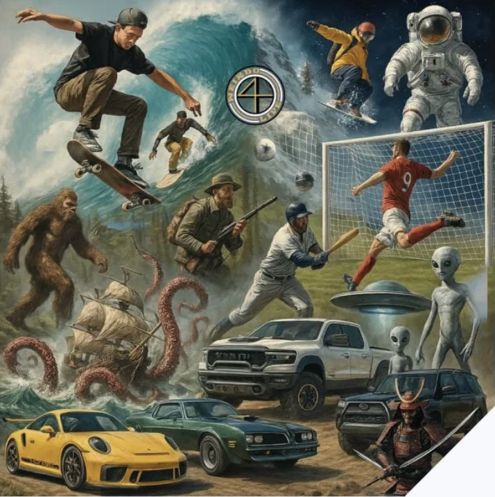 Image of different passions like space, snowboarding, skateboarding, snowboarding, hunting, soccer, yeti, cars and beasts all in one image. 