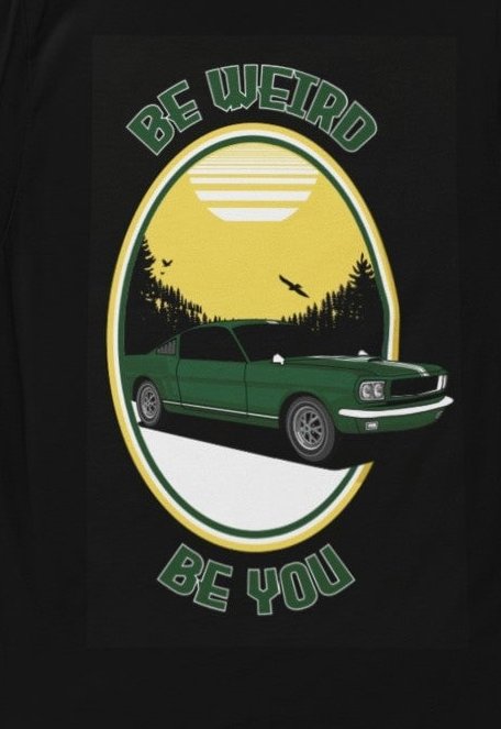 Close-up of 1967 Mustang-inspired artwork with vintage automotive details