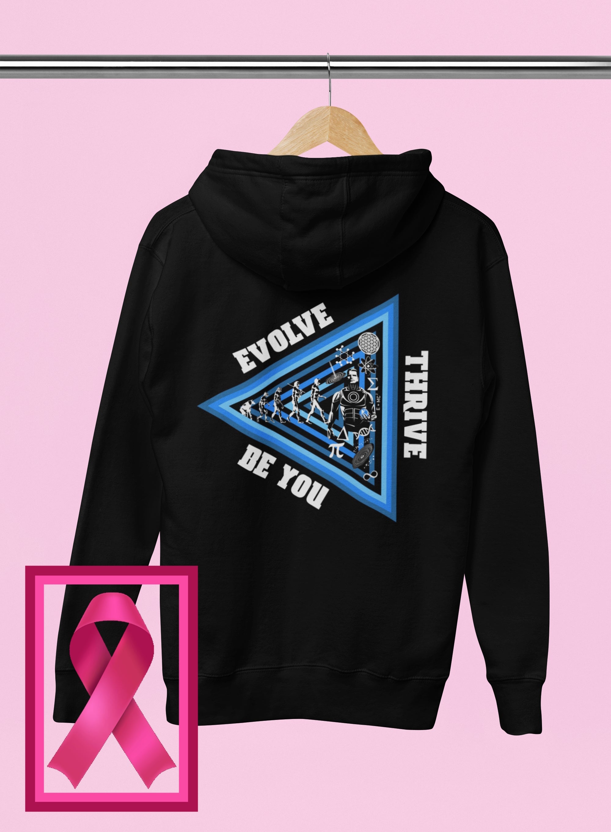 Evolve & Thrive Hoodie by Weirdo4Life on a pink background with a pink ribbon on the lower left.