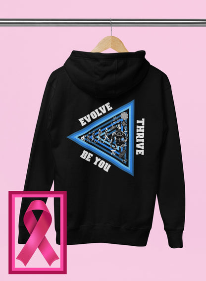 Evolve & Thrive Hoodie by Weirdo4Life on a pink background with a pink ribbon on the lower left.