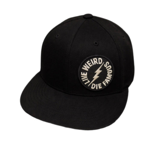 Black Live Weird Die Famous Hat by Weirdo 4 Life with embroidered circular patch