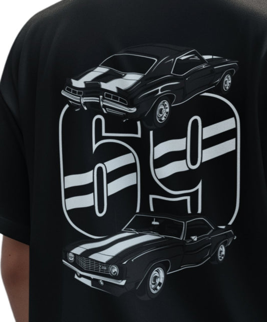 Back of black 1969 Camaro T-shirt with classic car graphic artwork