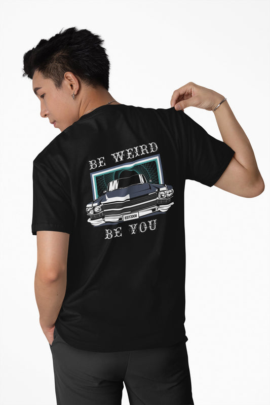 Model wearing the 64 Caddy graphic T-shirt by Weirdo 4 Life