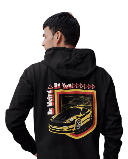Model wearing the black GT3 RS graphic hoodie by Weirdo 4 Life