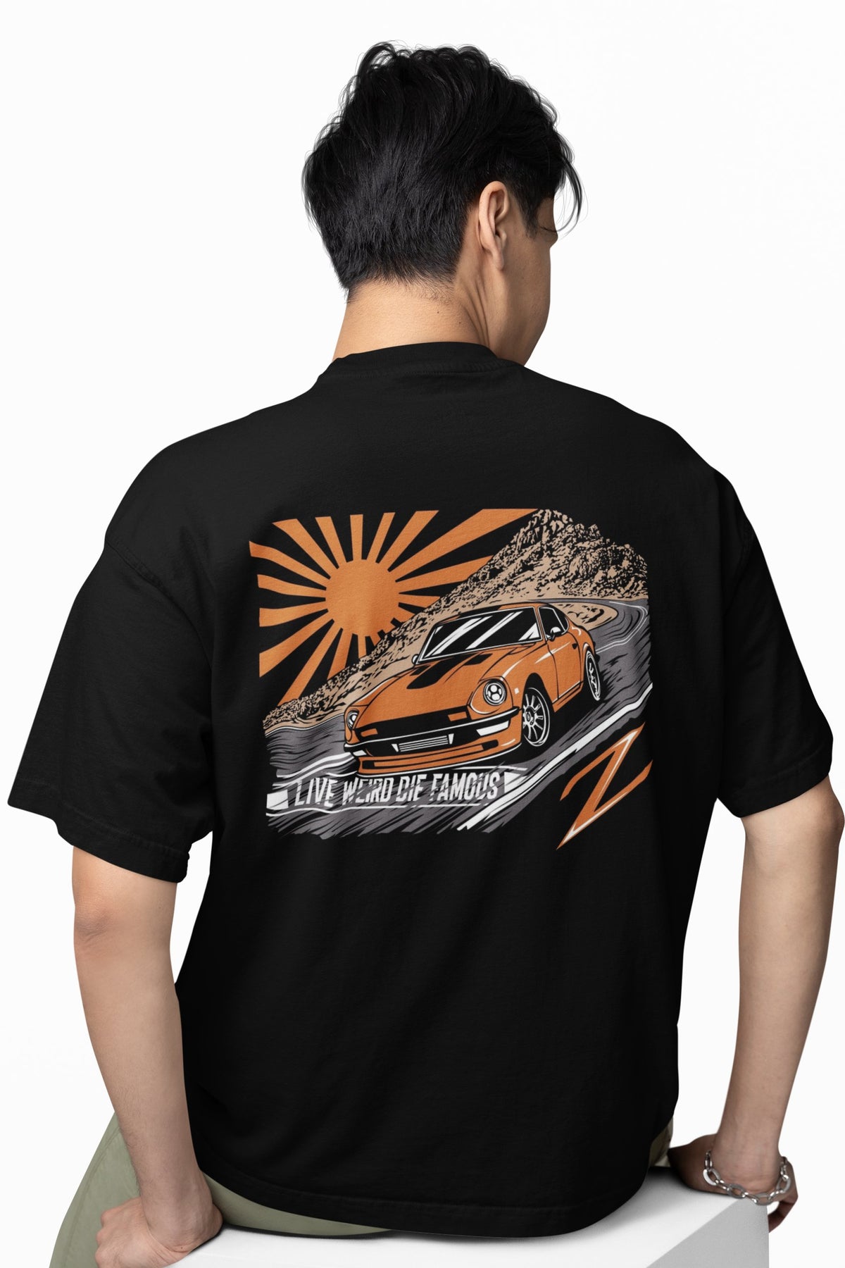 Model wearing the Datsun 240Z graphic T-shirt by Weirdo 4 Life