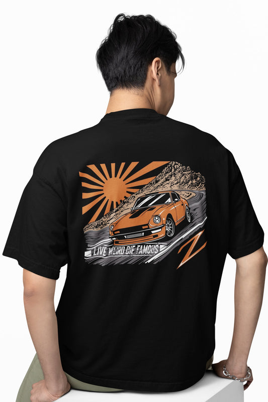 Model wearing the Datsun 240Z graphic T-shirt by Weirdo 4 Life