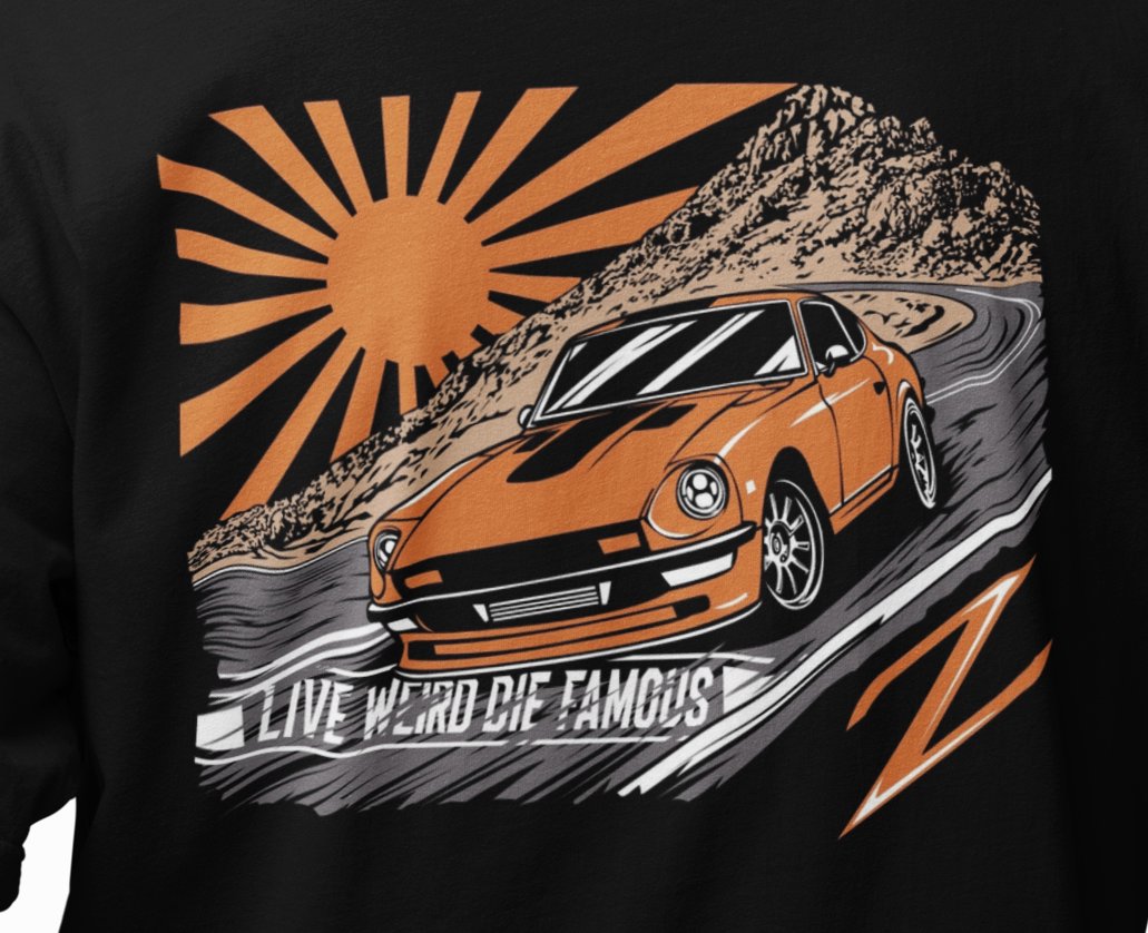 Close-up of Datsun 240Z race-inspired artwork with “Live Weird Die Famous” lettering
