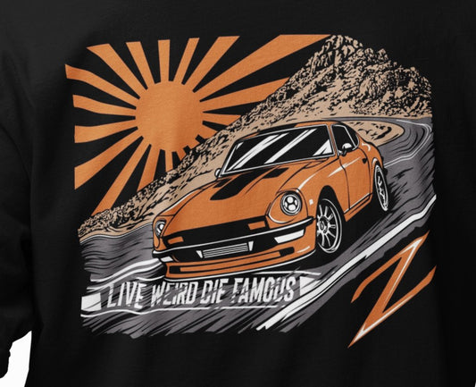 Close-up of Datsun 240Z race-inspired artwork with “Live Weird Die Famous” lettering
