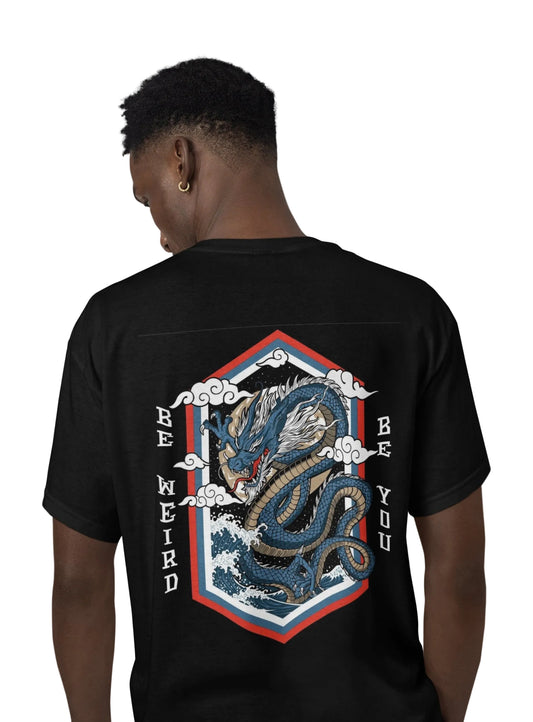 Model wearing the Water Dragon graphic T-shirt by Weirdo 4 Life