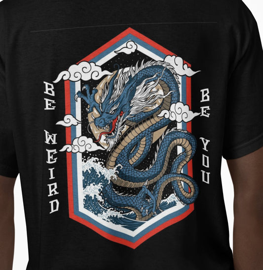 Close-up of water dragon and wave-inspired artwork on a Weirdo 4 Life T-shirt