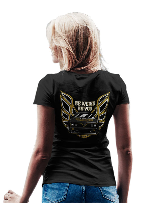 Model wearing the 79 Firebird graphic T-shirt by Weirdo 4 Life