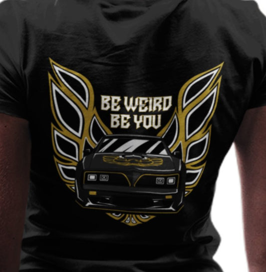 Close-up of 1979 Firebird-inspired artwork with “Be Weird. Be You.” lettering