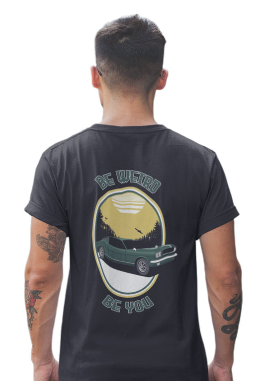 Model wearing the 67 Mustang graphic T-shirt by Weirdo 4 Life