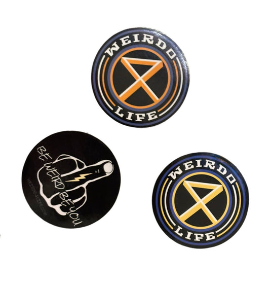 Three Weirdo 4 Life vinyl stickers featuring two circular logo designs and a Be Weird Be You hand graphic