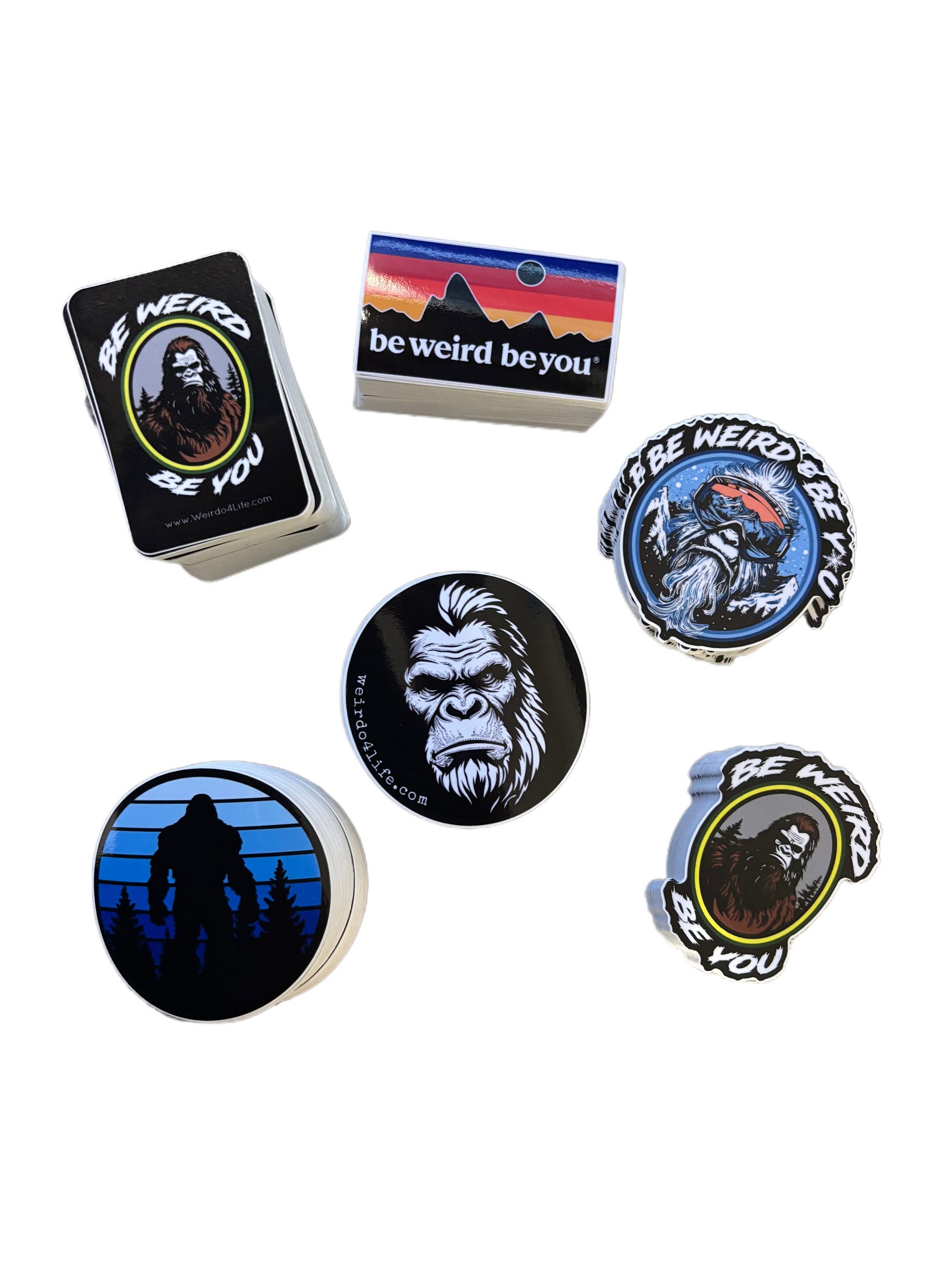 Six Weirdo 4 Life Bigfoot vinyl stickers featuring illustrated portraits, silhouettes and Be Weird Be You designs