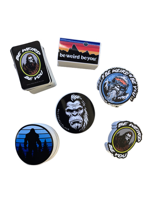 Six Weirdo 4 Life Bigfoot vinyl stickers featuring illustrated portraits, silhouettes and Be Weird Be You designs