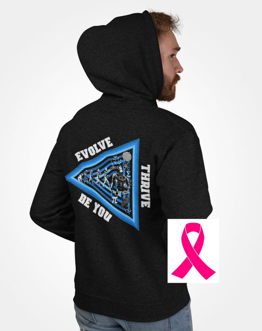 Model wearing the black Evolution Hoodie supporting cancer research by Weirdo 4 Life