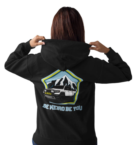 Model wearing the black Ram Truck graphic hoodie by Weirdo 4 Life