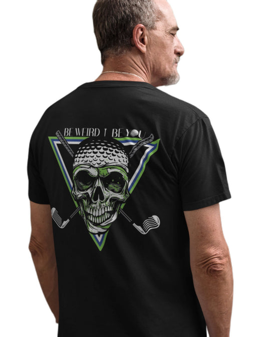 Model wearing the Golfing Skull graphic T-shirt by Weirdo 4 Life
