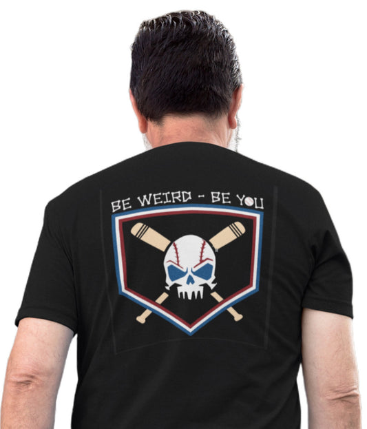 Model wearing the Baseball Skull graphic T-shirt by Weirdo 4 Life
