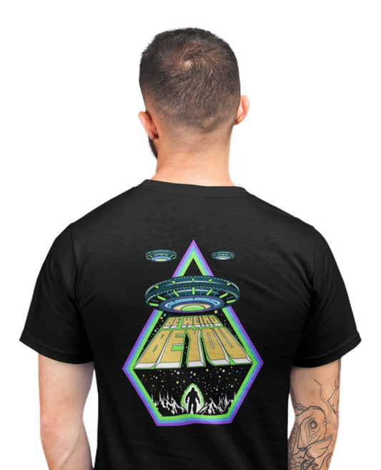 Model wearing the Bigfoot Alien graphic T-shirt by Weirdo 4 Life