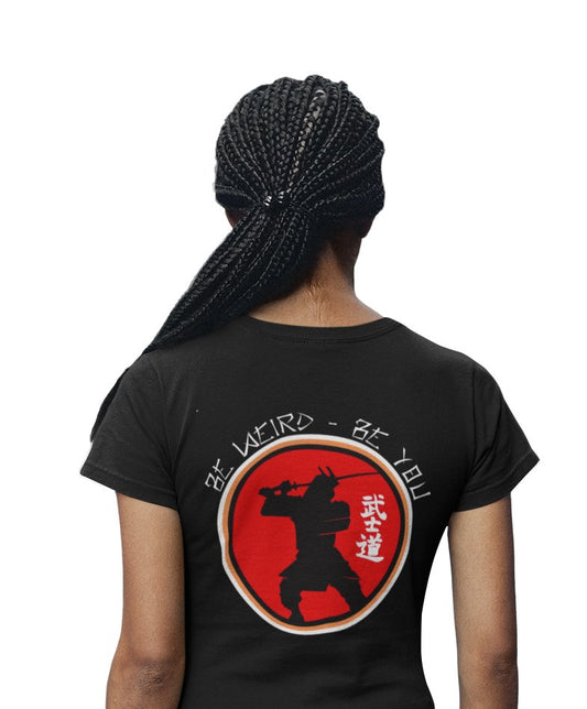 Model wearing the Bushido Warrior graphic T-shirt by Weirdo 4 Life