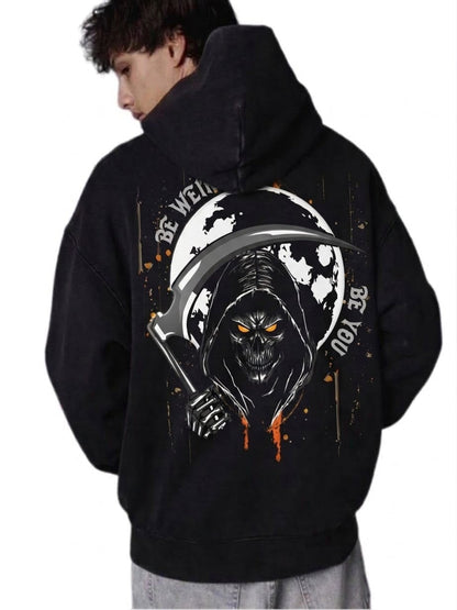 Grim Reaper Hoodie Hoodie Weirdo4Life with a scary reaper design in front of a white globe and e weird be you lettering 