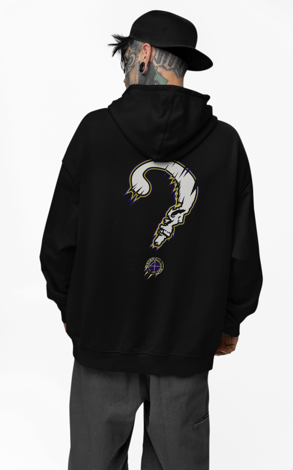male model wearing a black hoodie with an original weirdo 4 life print 
