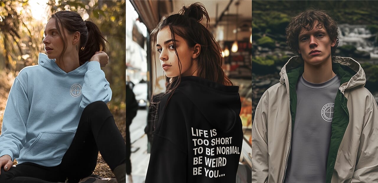 Picture of three models wearing Weirdo 4 Life gray logo t-shirts, black hoodie, and cudloy hoodie in light blue color.  