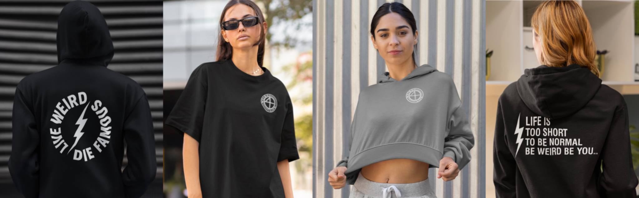 Four core models wearing core collection hoodies and tees.